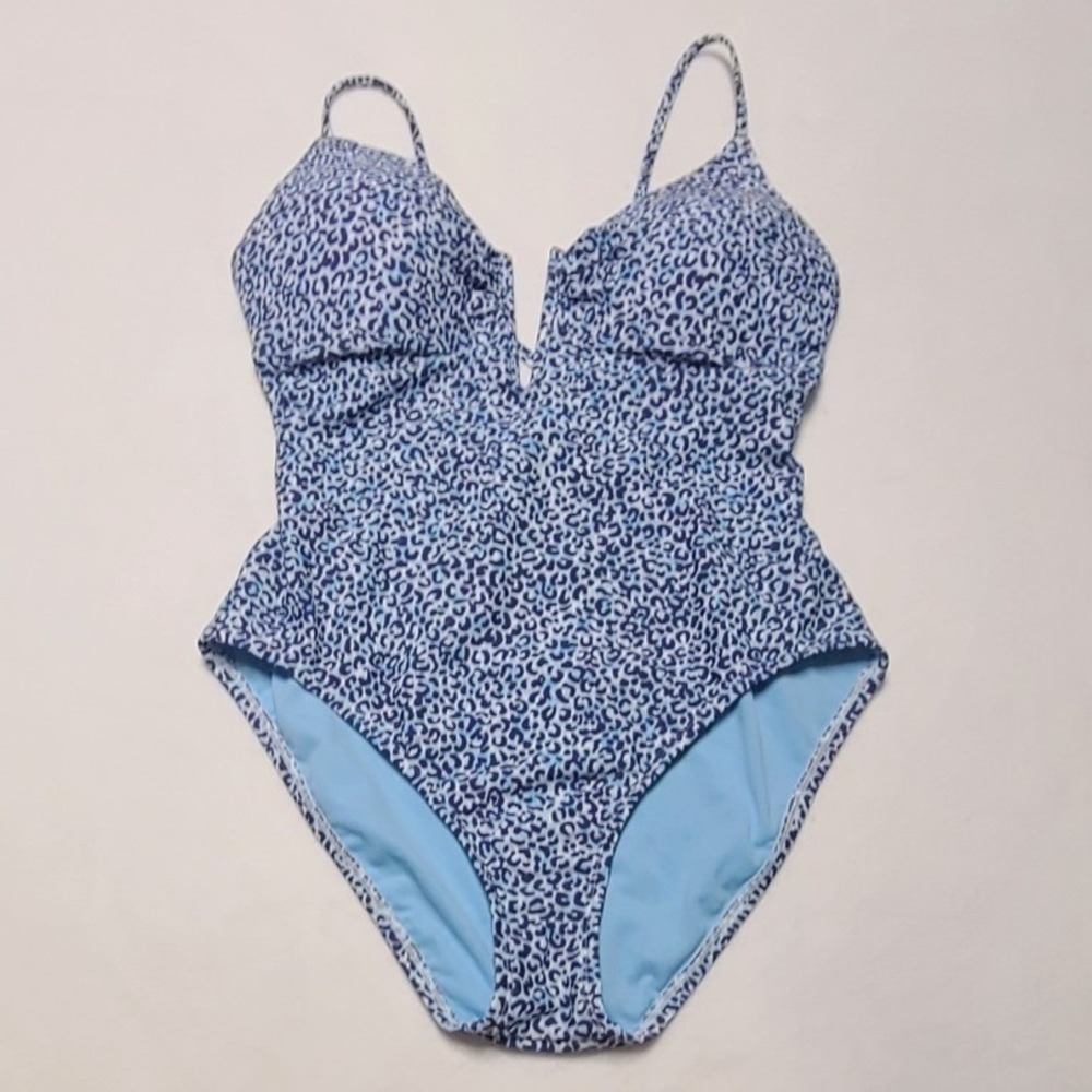 Bar III On The Prowl Navy Blue Leopard Print One Piece Swimsuit Large